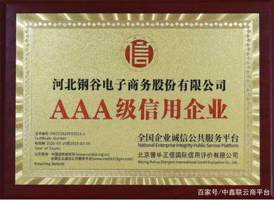 喜訊！河北鋼谷電子商務股份榮獲AAA級企業信用等級證書